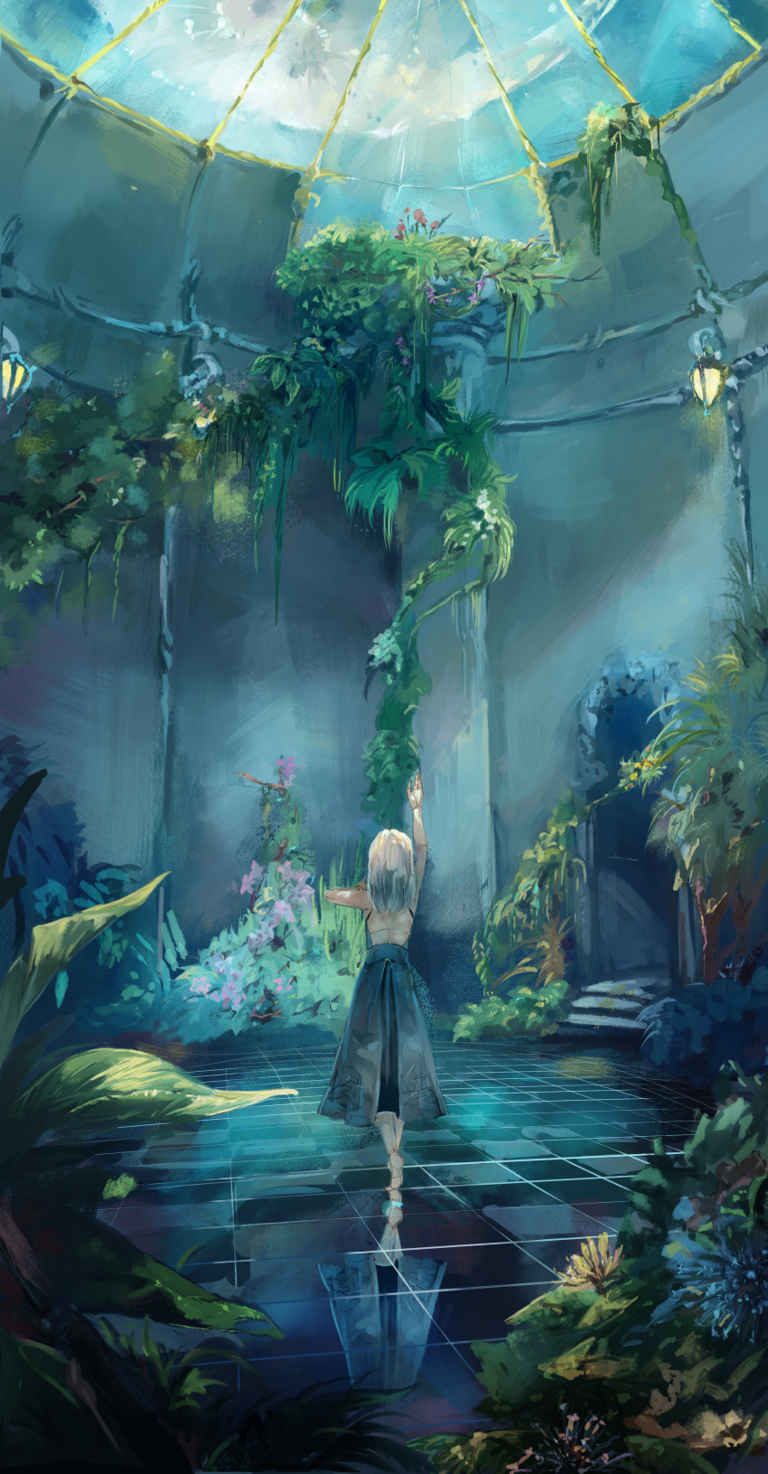 1girl absurdres back barefoot blue_dress bunker dome dress flower full_moon greenhouse hand_up highres huge_filesize joints kimagurelmc lamp long_hair moon original outstretched_arm plant reaching reflection robot_joints solo stairs tile_floor tiles tiptoes vegetation vines white_hair