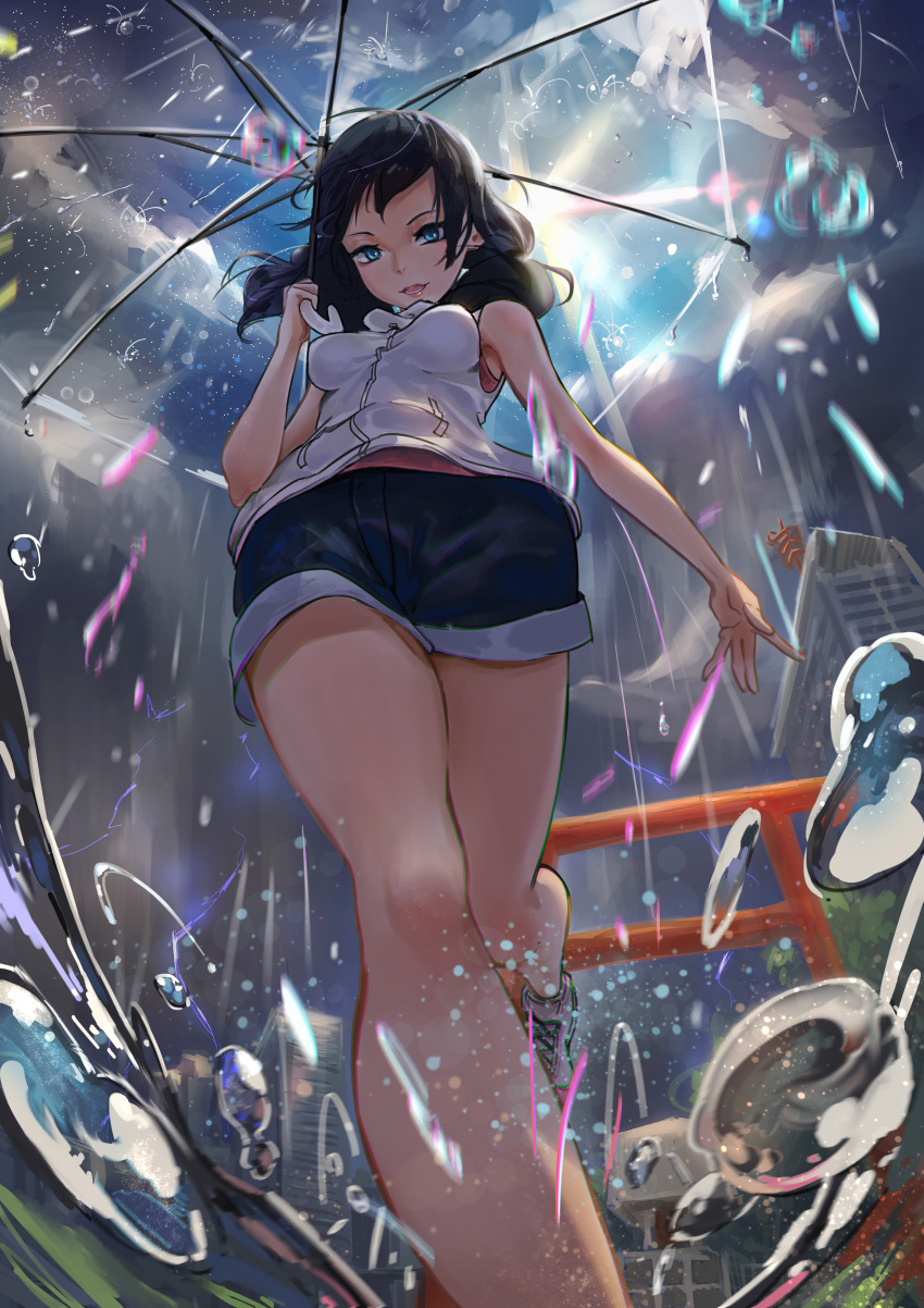 1girl absurdres amano_hina_(tenki_no_ko) armpits black_hair blue_eyes breasts bwh clouds cloudy_sky commentary denim denim_shorts floating_hair from_below highres holding holding_umbrella hood hoodie looking_at_viewer looking_down medium_breasts medium_hair open_hand parted_lips perspective rain short_shorts shorts sky sleeveless sleeveless_hoodie solo sunlight tenki_no_ko torii transparent transparent_umbrella umbrella water white_hoodie