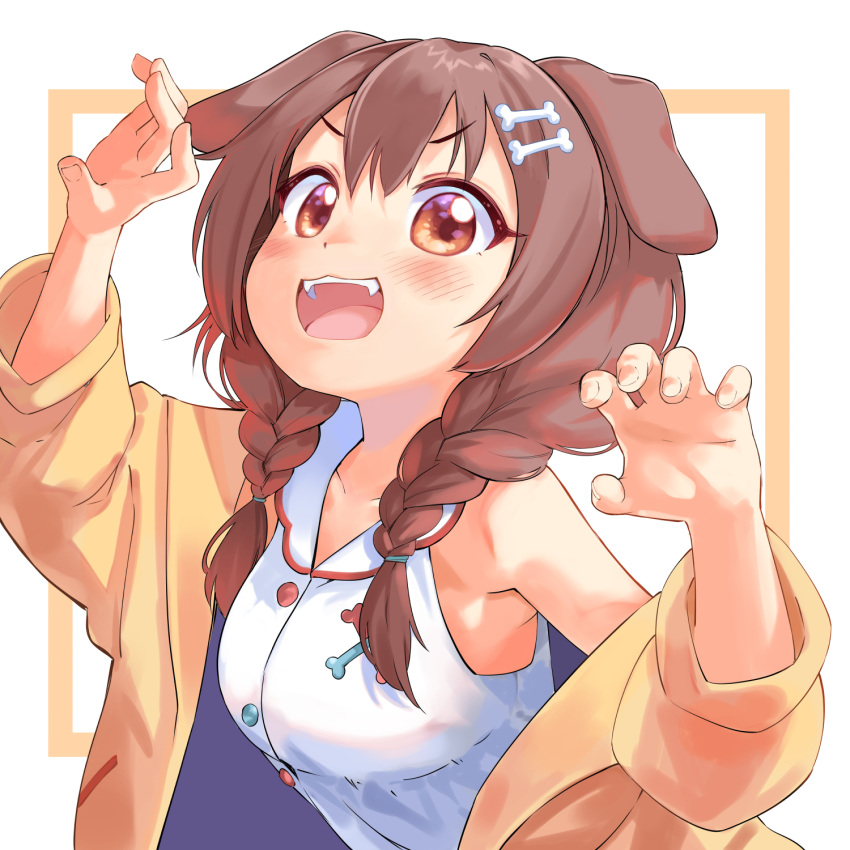 1girl :3 animal_ears arms_up bangs blush bone_hair_ornament braid breasts brown_eyes brown_hair buttons cartoon_bone claw_pose collarbone dog_ears dog_girl dress eyebrows_visible_through_hair fangs garun_wattanawessako hair_between_eyes hair_ornament hairclip highres hololive inugami_korone jacket long_hair looking_at_viewer low_twin_braids off_shoulder open_mouth outside_border smile solo twin_braids upper_teeth virtual_youtuber white_background white_dress yellow_jacket