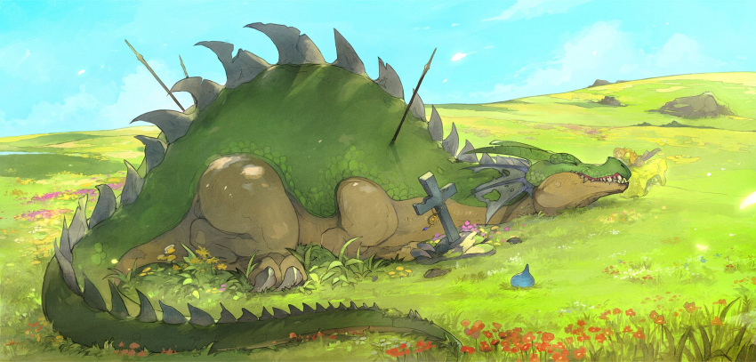 1girl dragon dragon_quest dress frilled_dress frills ghost highres hill hld_doreko impaled no_wings petting polearm size_difference sky slime_(dragon_quest) spear tail teeth tombstone weapon