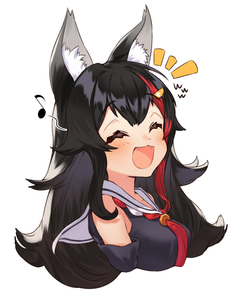 1girl :d ^_^ absurdres animal_ear_fluff animal_ears bangs bare_shoulders black_hair black_shirt black_sleeves blush choker closed_eyes cropped_torso detached_sleeves eighth_note fangs flipped_hair hair_between_eyes hair_ornament hairclip highlights highres hololive kouhaku_nawa long_hair multicolored_hair music musical_note narita_tamezou neckerchief notice_lines ookami_mio open_mouth red_choker red_neckwear redhead sailor_collar sailor_shirt shirt sidelocks simple_background singing sleeveless smile solo very_long_hair virtual_youtuber white_background wolf_ears yellow_eyes