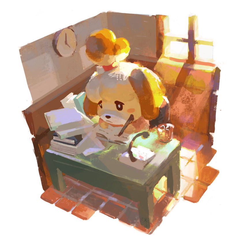 1girl animal_crossing animal_ears black_eyes blush_stickers book chair clock closed_mouth commentary desk dog_girl english_commentary glass highres indoors isabelle_(animal_crossing) james_ghio light_beam looking_down paper pen sitting solo topknot wall_clock window writing