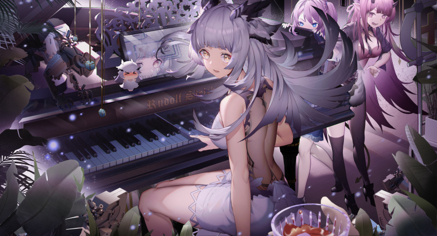 &gt;_&lt; 3girls absurdres animal_ears arknights backless_dress backless_outfit bangs black_jacket black_legwear black_neckwear blue_eyes blue_poison_(arknights) blunt_bangs breasts character_doll chinese_commentary commentary_request cropped_jacket cup dress drinking_glass eyebrows_visible_through_hair grand_piano hibiscus_(arknights) high_heels highres horns huge_filesize instrument jacket jinjide_shaonian long_hair looking_back mismatched_legwear multiple_girls necktie open_mouth owl_ears pantyhose peeking piano pink_eyes pink_hair plant pointy_ears ptilopsis_(arknights) reflection robot see-through silver_hair sitting sleeveless sleeveless_dress tail thigh-highs very_long_hair white_dress yellow_eyes