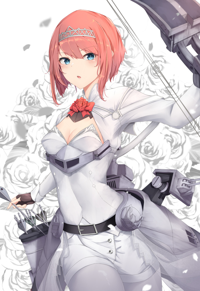 1girl ark_royal_(kancolle) arrow_(projectile) bangs blue_eyes blunt_bangs bob_cut bow_(weapon) breasts cleavage_cutout clothing_cutout compound_bow corset fingerless_gloves flower gloves highres holding holding_arrow inverted_bob jenson_tw kantai_collection long_sleeves overskirt pantyhose quiver red_flower red_rose redhead rigging rose short_hair shorts small_breasts solo tiara weapon white_corset white_legwear white_shorts