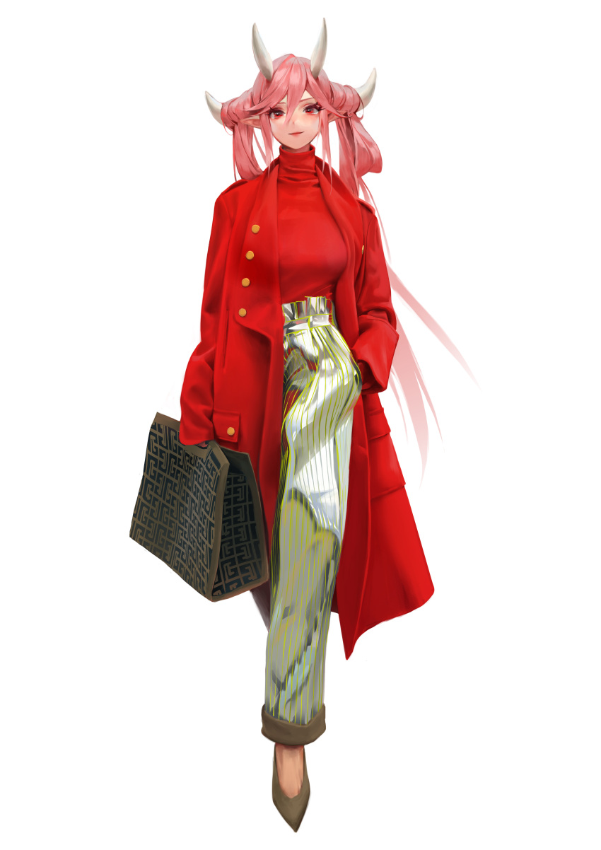 1girl absurdres bag breasts brown_footwear charles_(106858) coat copyright_request full_body hand_in_pocket highres horns long_hair long_sleeves looking_at_viewer pink_hair pointy_ears red_coat red_eyes red_shirt shiny shiny_clothes shirt shirt_tucked_in smile solo very_long_hair
