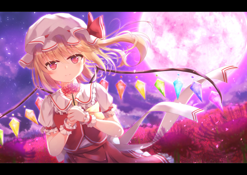 1girl blonde_hair blurry blurry_background blush collar commentary crystal eyebrows_visible_through_hair flandre_scarlet flower frilled_collar frilled_sleeves frills hat hat_ribbon holding holding_flower letterboxed liuliu looking_at_viewer mob_cap moon night puffy_short_sleeves puffy_sleeves red_eyes red_flower red_ribbon red_skirt red_vest ribbon shirt short_sleeves side_ponytail skirt smile solo spider_lily tears touhou upper_body vest white_headwear white_shirt wings wrist_cuffs