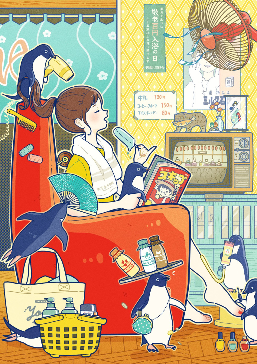 1girl barefoot basket bird blush brown_hair chair closed_eyes comb electric_fan fan hair_dryer highres long_hair open_mouth original outline paper_fan penguin ponytail shirt sitting smile television white_outline yellow_shirt yoshimon