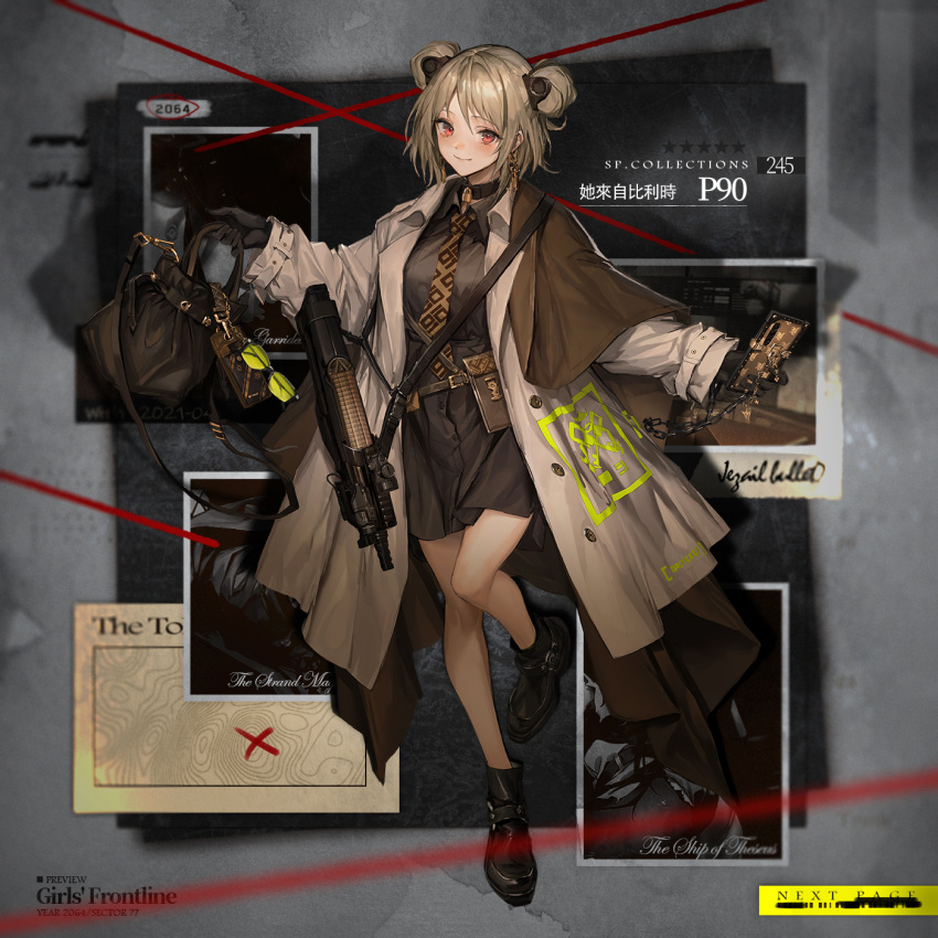 1girl bag bangs belt black_bag black_footwear black_gloves black_shirt blush breasts brown_neckwear bullpup cellphone chain character_name closed_mouth coat commentary_request copyright_name double_bun earrings eyebrows_visible_through_hair eyewear_removed girls_frontline gloves grey_coat gun highres holding holding_bag holding_chain holding_phone holding_weapon jewelry light_brown_hair lm7_(op-center) looking_at_viewer medium_breasts medium_hair necktie official_art open_clothes open_coat p90 p90_(girls_frontline) phone red_eyes shirt smartphone smile solo standing standing_on_one_leg submachine_gun weapon