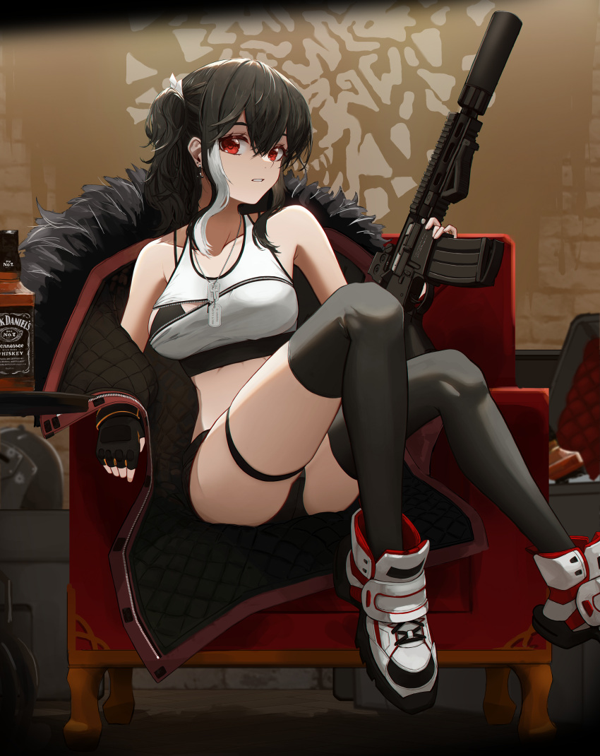 1girl absurdres alcohol ankle_boots armchair bare_shoulders bikini bikini_under_clothes black_bikini black_gloves black_hair black_jacket black_legwear boots breasts chair collarbone cross cross_earrings dog_tags dw earrings fingerless_gloves fur-trimmed_jacket fur_trim gloves gun hair_ornament highres holding holding_gun holding_weapon indoors jack_daniel's jacket jewelry long_hair long_sleeves looking_at_viewer medium_breasts multicolored_hair off_shoulder original parted_lips red_eyes rifle sitting sniper_rifle sports_bra streaked_hair swimsuit thigh-highs thigh_gap two-tone_hair weapon whiskey white_footwear white_hair x_hair_ornament