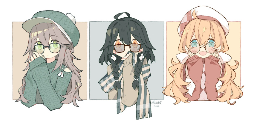 3girls ahoge bangs black_hair blonde_hair blue_eyes blush braid closed_mouth cropped_torso earrings glasses green_eyes grey_hair hair_between_eyes hat highres jewelry long_hair long_sleeves low_twintails melanbread multiple_girls open_mouth orange_eyes original plaid plaid_scarf pom_pom_(clothes) round_eyewear scarf signature simple_background sleeves_past_wrists sunglasses sweater twin_braids twintails upper_body
