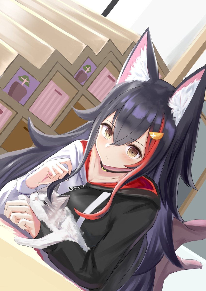 1girl animal_ear_fluff animal_ears bangs black_choker black_hair black_hoodie black_legwear cat choker flipped_hair hair_between_eyes hair_ornament hairclip highlights highres hololive hood hood_down hoodie long_hair long_sleeves looking_at_another lying multicolored_hair natsuki_(natukituki) on_stomach ookami_mio pantyhose parted_lips redhead sidelocks solo stairs taiga_(ookami_mio) two-tone_hoodie very_long_hair virtual_youtuber white_hoodie wolf_ears yellow_eyes