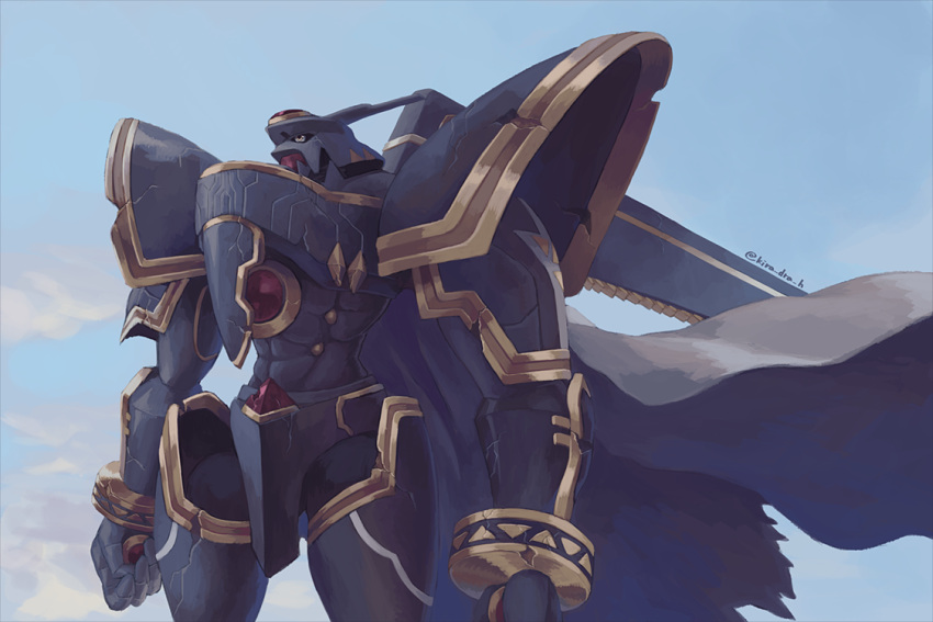alphamon armor arms_at_sides blue_sky broken_armor cape clouds commentary_request day digimon digimon_(creature) from_side grey_cape horns kira_(kira_dra) looking_up mecha no_humans outdoors profile shoulder_armor sky solo standing twitter_username yellow_eyes