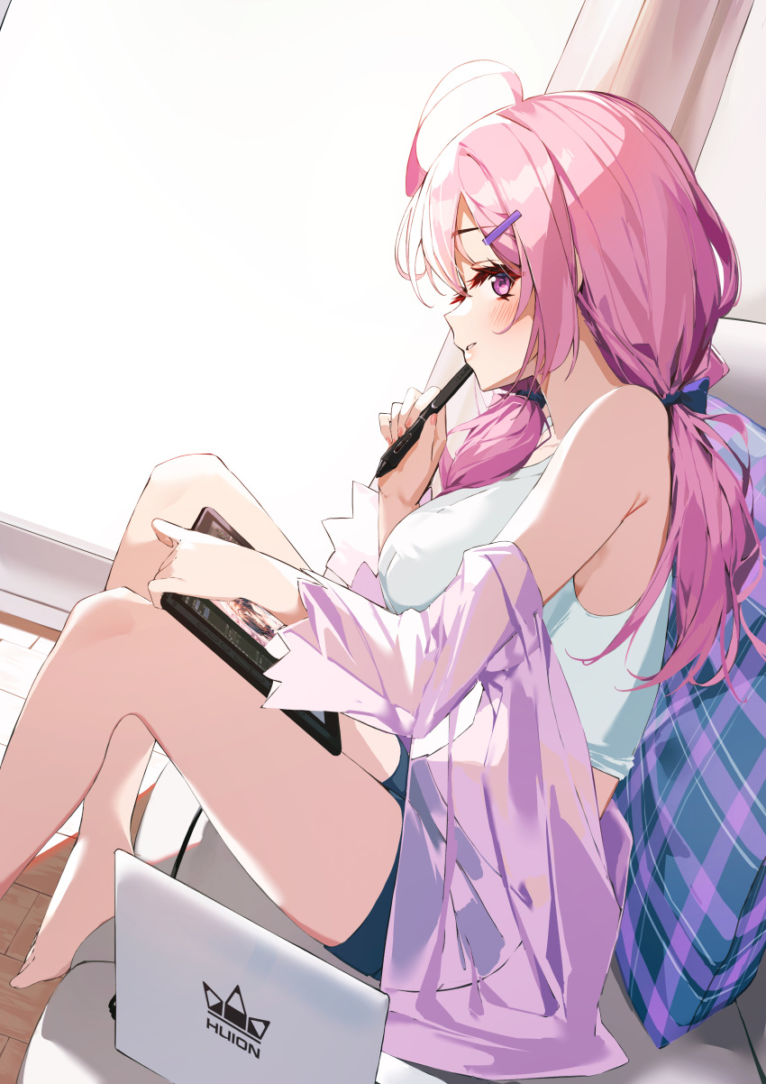 1girl absurdres ahoge armpit_crease bare_shoulders barefoot black_shorts breasts crop_top dutch_angle from_side hair_ornament hairclip hand_up highres holding huion jacket large_breasts long_hair looking_at_viewer looking_to_the_side low_twintails midriff munseonghwa off_shoulder open_clothes open_jacket original parted_lips pink_hair profile purple_jacket see-through see-through_silhouette shirt short_shorts shorts sitting sleeveless sleeveless_shirt solo stylus tablet_pc thighs twintails violet_eyes white_shirt
