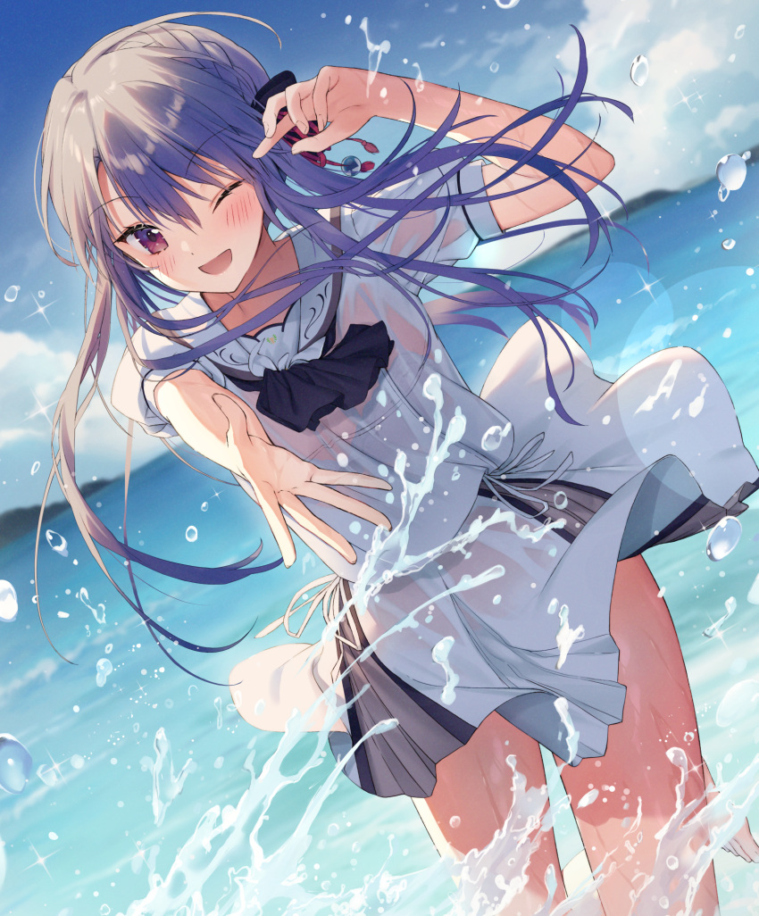 1girl ;d arms_up bangs barefoot blue_sky blush braid clouds day dutch_angle eyebrows_visible_through_hair hair_ribbon highres kuro_futoshi leg_up lens_flare long_hair looking_at_viewer ocean one_eye_closed open_mouth outdoors outstretched_arm pink_ribbon purple_hair ribbon see-through shirt short_sleeves skirt sky smile solo sorakado_ao sparkle splashing standing standing_on_one_leg summer_pockets thighs violet_eyes wading water wet wet_clothes wet_shirt wet_skirt white_shirt white_skirt