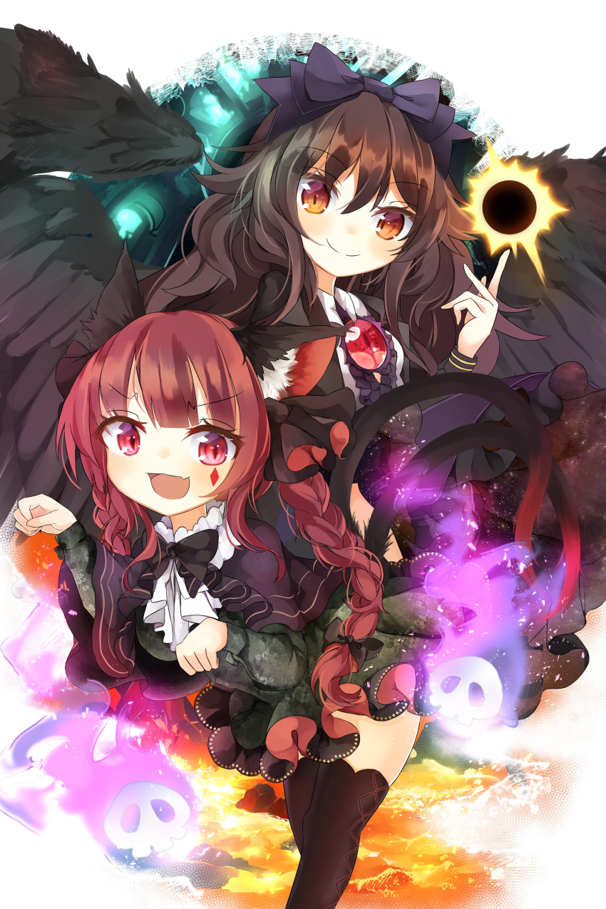 2girls absurdres animal_ear_fluff animal_ears bangs bird_wings black_bow black_capelet black_eyes black_legwear black_wings blunt_bangs bow braid brown_eyes brown_hair capelet cat_ears cat_tail closed_mouth diamond_(shape) dress eyebrows_visible_through_hair fang feet_out_of_frame green_dress hair_bow highres hitodama kaenbyou_rin kuraudo leaning_forward light_particles long_hair long_sleeves looking_at_viewer multiple_girls multiple_tails nekomata open_mouth paw_pose red_eyes reiuji_utsuho side_braids skin_fang smile standing tail tattoo thigh-highs third_eye touhou twin_braids two_tails v-shaped_eyebrows wings