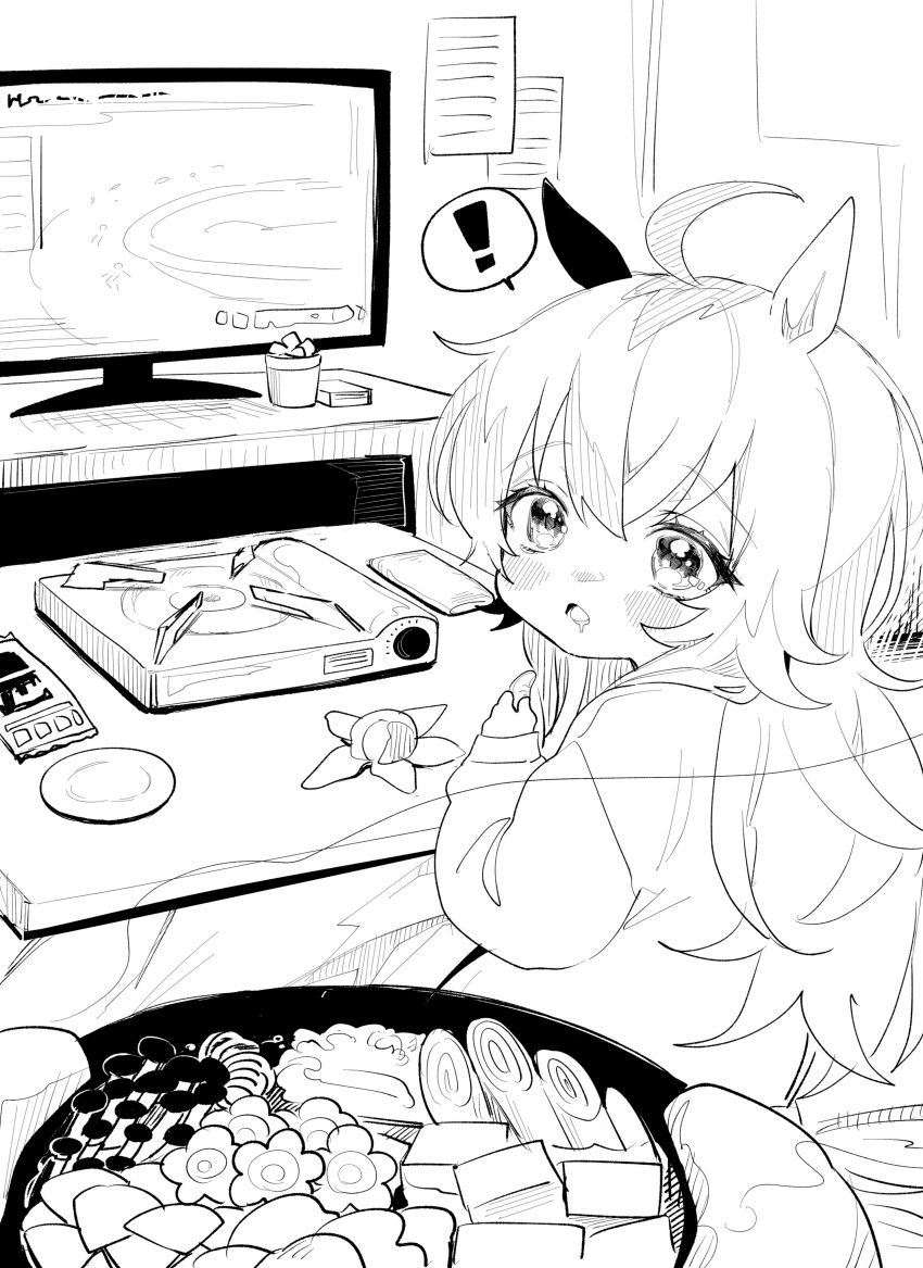 ! 1girl absurdres ahoge animal_ears bangs blush child food fruit greyscale highres horse_ears hotpot indoors ishita_umi kotatsu long_hair long_sleeves looking_at_viewer mandarin_orange monochrome oguri_cap_(umamusume) open_mouth out_of_frame plate portable_stove pov pov_hands saliva shirt solo_focus spoken_exclamation_mark table television umamusume under_kotatsu under_table