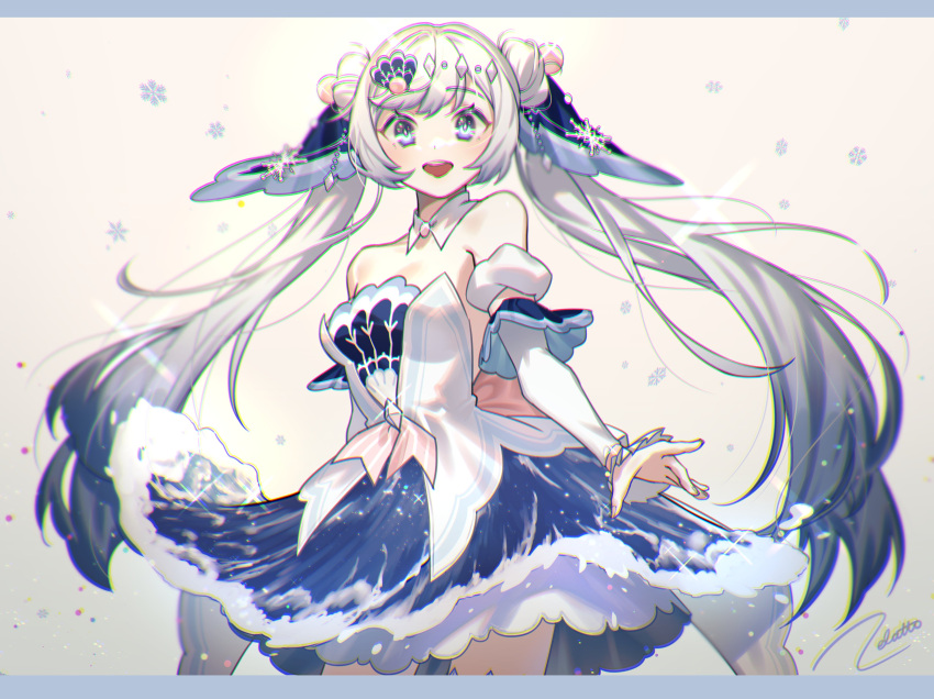 1girl absurdres bare_shoulders blue_dress borrowed_design chromatic_aberration commentary cowboy_shot crystal detached_sleeves dress english_commentary frilled_dress frills glint hair_ornament hatsune_miku highres layered_dress letterboxed light_blue_eyes long_hair looking_at_viewer open_mouth shell_hair_ornament signature smile snowflake_hair_ornament snowflakes solo sparkle strapless strapless_dress twintails very_long_hair vocaloid wave_print white_background white_hair white_sleeves yuki_miku zelato