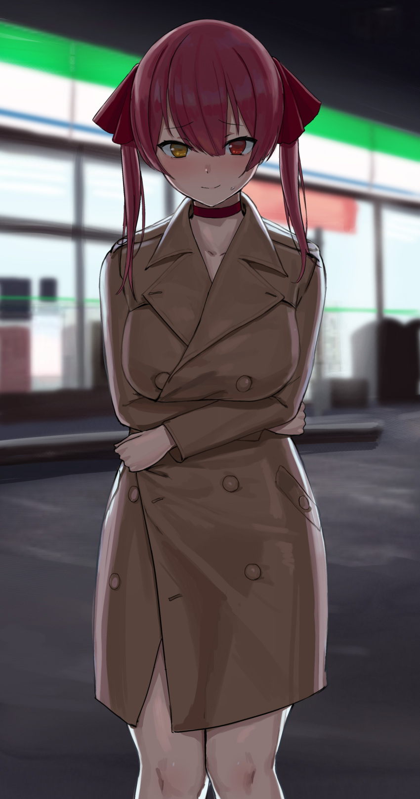 1girl absurdres blush choker coat hair_between_eyes heterochromia highres hololive houshou_marine kuro_(zhurunbo1997) looking_at_viewer night outdoors red_eyes redhead standing two_side_up yellow_eyes