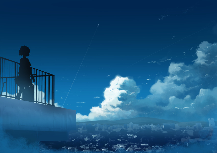 1girl absurdres blue_sky building city cityscape clouds commentary_request condensation_trail cumulonimbus_cloud day hati_98 highres house mixed-language_commentary mountain original outdoors rooftop scenery silhouette sky solo standing tokyo_(city)
