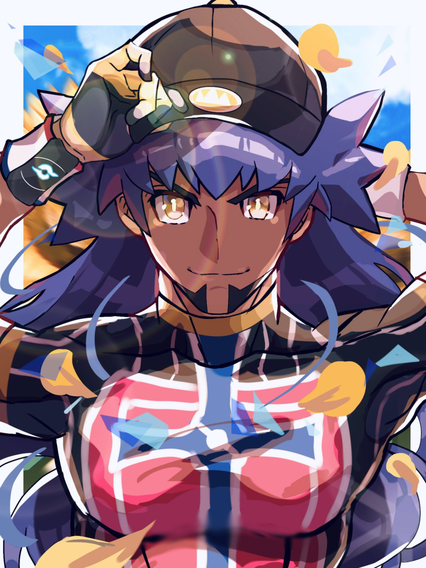 1boy 241_gm arm_behind_head bangs baseball_cap champion_uniform closed_mouth commentary_request dark_skin dark_skinned_male dynamax_band facial_hair gloves hand_on_headwear hat highres leon_(pokemon) long_hair looking_at_viewer male_focus pokemon pokemon_(game) pokemon_swsh purple_hair shirt short_sleeves smile solo upper_body white_wristband wristband yellow_eyes