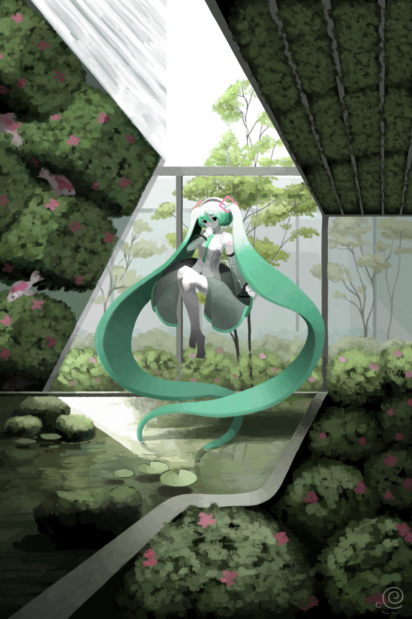 1girl absurdly_long_hair absurdres aqua_hair aqua_neckwear bare_shoulders barefoot black_eyes black_skirt bush colored_skin commentary detached_sleeves floating flower hair_ornament hand_to_own_mouth hatsune_miku hatsune_miku_(nt) highres hitsujikai_(shep) layered_sleeves lily_pad long_hair necktie piapro pink_flower plant scenery see-through_sleeves shirt shoulder_tattoo sitting skirt sleeveless sleeveless_shirt solo tattoo tree twintails very_long_hair vocaloid water white_shirt white_skin white_sleeves wide_shot
