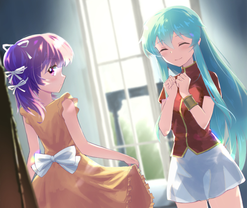 2girls aqua_hair bangs blush bracelet closed_eyes dress dress_lift eirika_(fire_emblem) fire_emblem fire_emblem:_the_sacred_stones hair_between_eyes indoors jewelry kawazu_(pixiv22469761) long_hair miniskirt multiple_girls myrrh_(fire_emblem) purple_hair red_shirt shirt skirt smile tied_hair violet_eyes