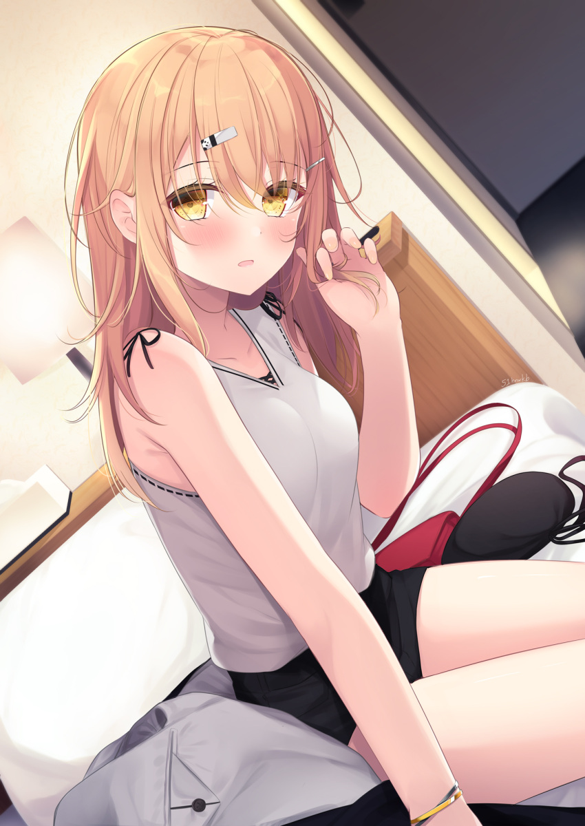 1girl adjusting_hair bag bed bed_sheet black_skirt blonde_hair blush bracelet desk desk_lamp dutch_angle hair_ornament hand_in_hair highres jacket jewelry lamp long_hair looking_at_viewer miniskirt on_bed open_mouth original pillow sasahara_wakaba sitting sitting_on_bed skirt solo tank_top white_tank_top yellow_eyes