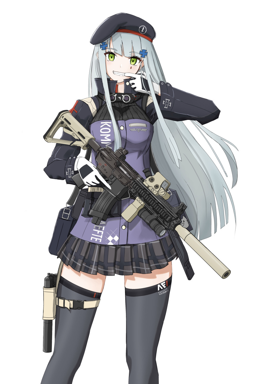 1girl absurdres assault_rifle bangs beret black_legwear breasts checkered checkered_skirt eyebrows_visible_through_hair feet_out_of_frame finger_to_mouth girls_frontline gloves green_eyes gun h&amp;k_hk416 hat highres hk416_(girls_frontline) holding holding_weapon holster long_hair looking_at_viewer military military_uniform rifle rynn_(rynn_cube) silver_hair skirt smile solo standing thigh-highs uniform weapon white_background white_gloves zettai_ryouiki