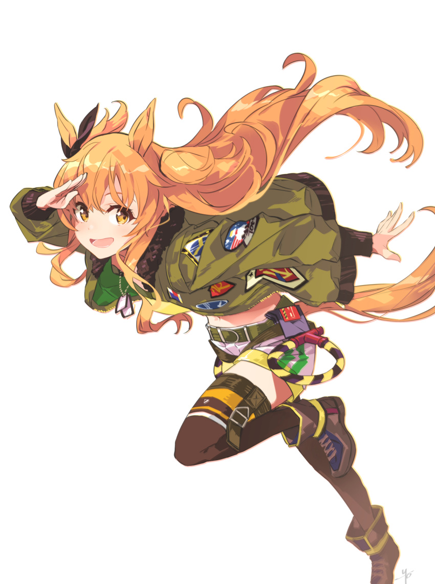 1girl animal_ears black_ribbon bomber_jacket boots commentary crop_top dog_tags ear_ribbon green_belt green_jacket highres horse_ears horse_girl horse_tail jacket long_hair long_sleeves looking_at_viewer mayano_top_gun_(umamusume) open_clothes open_jacket open_mouth orange_hair patches ribbon running shorts solo tail thigh-highs twintails two_side_up umamusume white_background white_shorts yellow_eyes yoshito