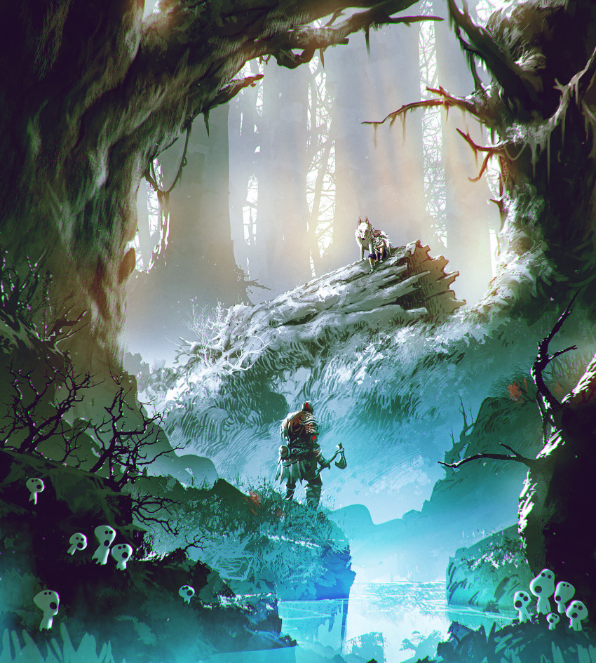 1boy :o absurdres animal axe crossover forest from_behind fur_trim god_of_war grass highres holding holding_axe hollow_eyes hollow_mouth kalmahul knees_up kodama kratos long_sleeves mask mask_on_head mononoke_hime nature outdoors pants san_(mononoke_hime) sitting standing tree tree_stump water wolf
