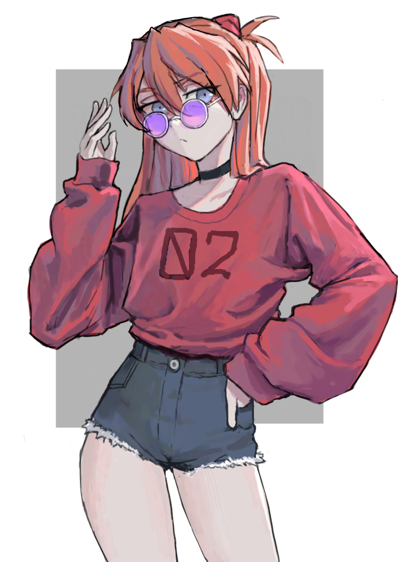 1girl baggy_clothes black_choker blue_eyes casual choker cutoffs denim denim_shorts flat_chest grey-framed_eyewear hair_between_eyes hand_on_hip highres long_hair neon_genesis_evangelion orange_hair purple-tinted_eyewear rebuild_of_evangelion red_sweater round_eyewear shorts solo souryuu_asuka_langley standing sunglasses sweater vertigris