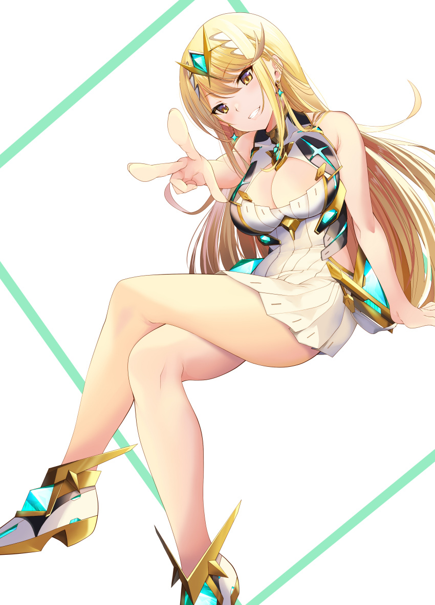 1girl absurdres bangs bare_legs bare_shoulders blonde_hair breasts chest_jewel cleavage_cutout clothing_cutout daive dress earrings elbow_gloves gloves highres jewelry large_breasts long_hair mythra_(xenoblade) short_dress swept_bangs thigh_strap tiara very_long_hair white_dress white_footwear white_gloves xenoblade_chronicles_(series) xenoblade_chronicles_2 yellow_eyes