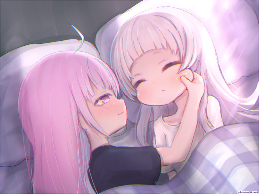 2girls ahoge arm_up bangs black_shirt blunt_bangs blush cheek_pinching cheek_pull closed_eyes eyebrows_visible_through_hair hand_up happy hololive light_blue_hair long_hair lying minato_aqua multicolored_hair multiple_girls murasaki_shion on_side open_mouth pillow pinching pink_eyes pink_hair plaid plaid_blanket shared_blanket shirt short_bangs short_sleeves silver_hair simple_background smile t-shirt takatsurt two-tone_hair under_covers v_arms virtual_youtuber watermark white_shirt