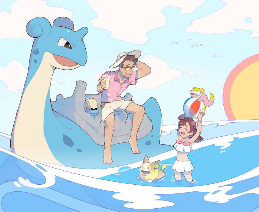 1boy 1girl alternate_costume ball bangs barefoot beachball blush bracelet brown_hair cerise_(pokemon) chloe_(pokemon) closed_eyes clouds collared_shirt commentary drinking_straw english_commentary father_and_daughter galarian_form galarian_slowpoke gen_1_pokemon gen_8_pokemon glass glasses hat highres holding jewelry lapras liquid long_hair looking_at_another omanyte open_mouth pink_ribbon pokemon pokemon_(anime) pokemon_(creature) pokemon_swsh_(anime) ribbon riding_pokemon saturday_(hokawazu) shirt short_hair short_sleeves shorts sky smile swimsuit teeth toes tongue wading water white_shorts white_swimsuit yamper