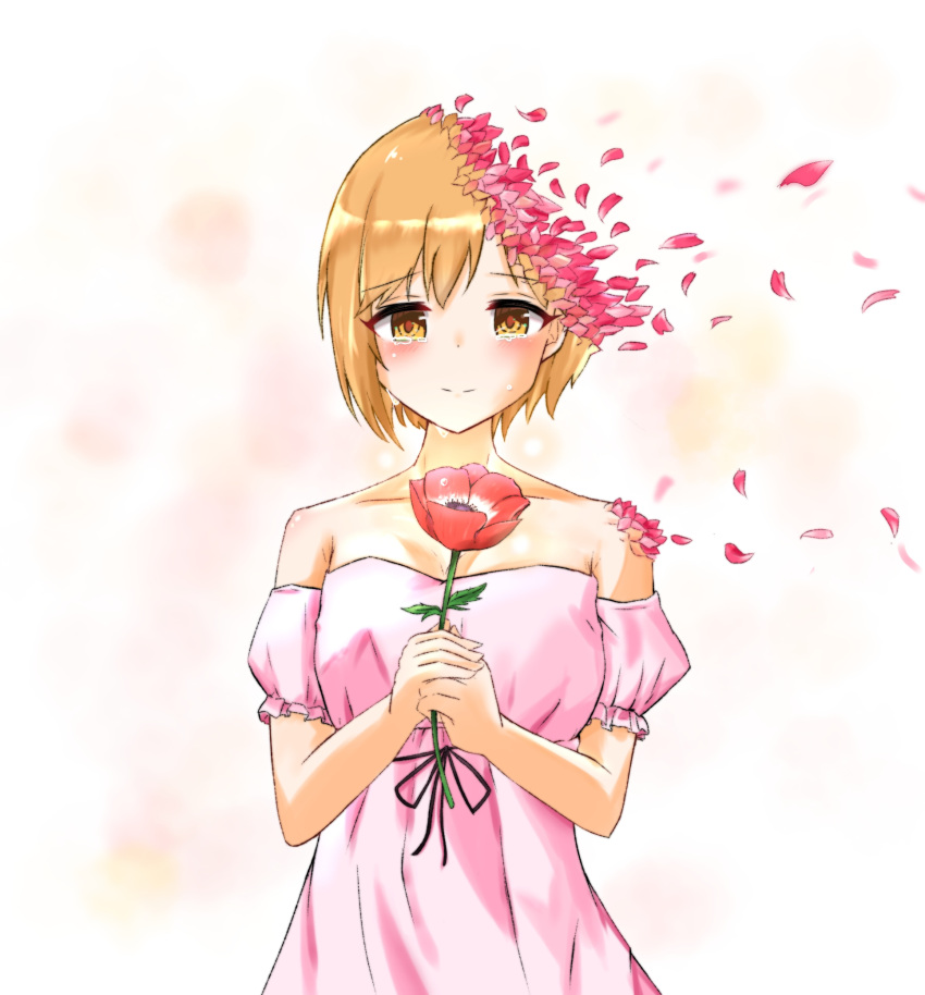 1girl aiba_yumi amanatsu_(moooomrrrun1) anemone_(flower) blonde_hair blurry blurry_background blush closed_mouth collarbone crying detached_sleeves dress eyebrows_visible_through_hair flower hands_together highres holding holding_flower idolmaster idolmaster_cinderella_girls off-shoulder_dress off_shoulder petals pink_dress ribbon_trim short_hair simple_background smile solo teardrop tears transformation upper_body