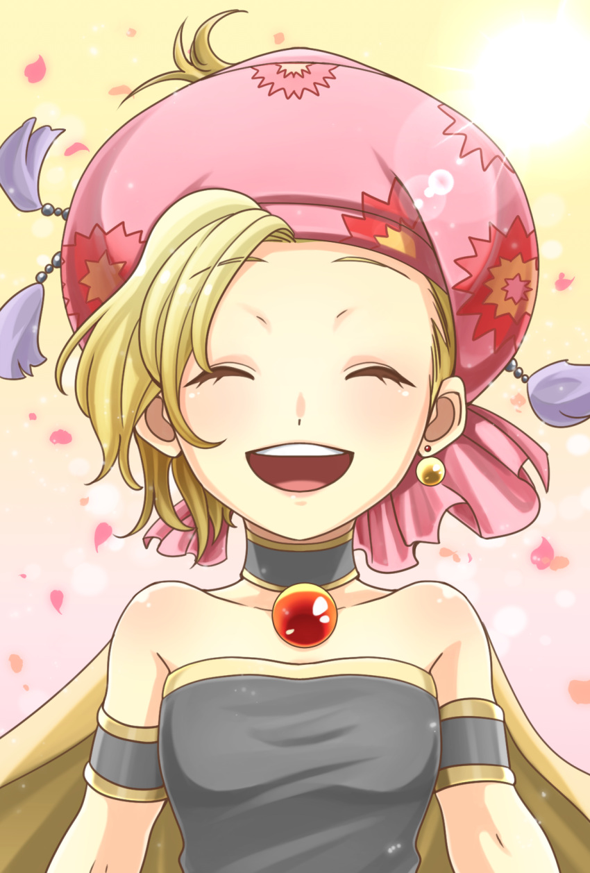 1girl akaho_(choco_daisuki) bare_shoulders blonde_hair cape child choker closed_eyes commentary_request dissidia_final_fantasy dissidia_final_fantasy_opera_omnia earrings eyelashes final_fantasy final_fantasy_vi hat highres jewelry open_mouth petals relm_arrowny smile solo white_background