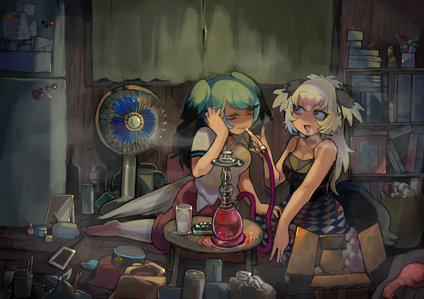 2girls absurdres alternate_costume bare_arms bare_shoulders bird_tail bird_wings camisole casual commentary_request commission contemporary electric_fan empty_eyes green_hair grey_hair half-closed_eyes head_wings highres hookah igarashi_(nogiheta) indoors kemono_friends kneeling long_hair looking_at_another looking_at_object medium_skirt messy_room multiple_girls open_mouth orange_eyes ostrich_(kemono_friends) pantyhose passenger_pigeon_(kemono_friends) room shaded_face shirt short_sleeves sitting skeb_commission skirt smile smoke smoking spaghetti_strap table tail trash trash_bag violet_eyes wings