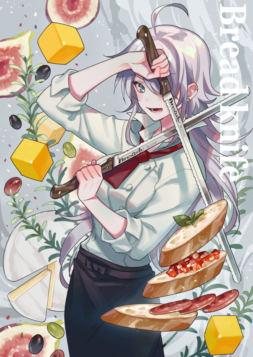 1girl ahoge blush bread bread_slice cheese collared_shirt ear_piercing earrings english_text eyebrows_visible_through_hair fang food fruit grapes green_eyes grey_background ham highres holding holding_knife jewelry knife leaf long_hair long_sleeves meat necktie one_eye_covered open_mouth original piercing shirt silver_hair simple_background skin_fang skirt sleeves_rolled_up stud_earrings tongue white_shirt zoff_(daria)