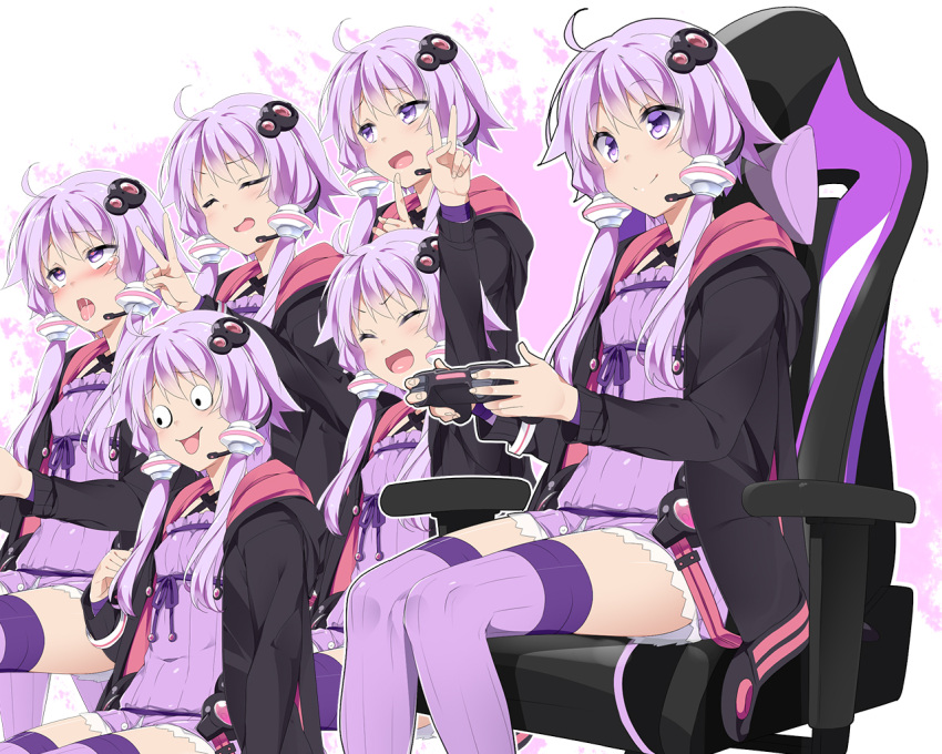 1girl ahegao ahoge arms_up black_jacket blush chair character_sheet closed_eyes commentary controller criss-cross_halter double_v dress expressions finger_to_own_chin furrowed_eyebrows game_controller gaming_chair hair_ornament hair_tubes halterneck headset hip_gear holding holding_controller holding_game_controller hood hooded_jacket jacket mtu_(orewamuzituda) open_mouth outstretched_arms purple_dress purple_hair purple_legwear raised_eyebrow short_hair_with_long_locks sidelocks sitting smile standing thigh-highs v v-shaped_eyebrows violet_eyes vocaloid voiceroid yuzuki_yukari zettai_ryouiki