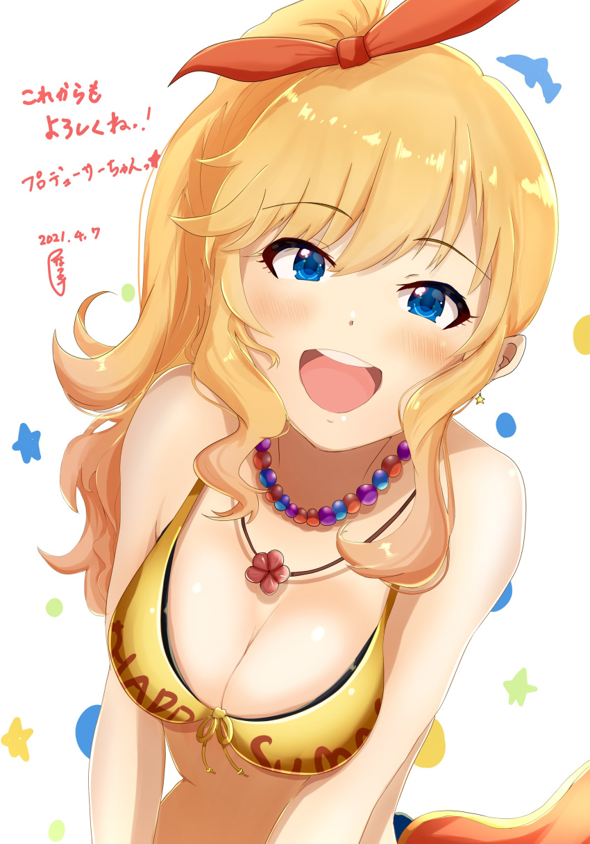 1girl absurdres bare_shoulders bead_necklace beads bikini blonde_hair blue_eyes blush breasts dated earrings eyebrows_visible_through_hair front-tie_bikini front-tie_top highres idolmaster idolmaster_cinderella_girls idolmaster_cinderella_girls_starlight_stage jewelry layered_bikini long_hair looking_at_viewer medium_breasts necklace ootsuki_yui open_mouth selfie side_ponytail simple_background sinobu0425 smile solo star_(symbol) swimsuit upper_body