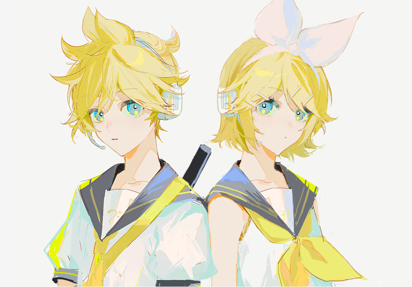 1boy 1girl bangs bare_shoulders bass_clef blonde_hair blue_eyes bow brother_and_sister collarbone commentary expressionless eyebrows_visible_through_hair fortissimo grey_background hair_bow hair_ornament hairclip headphones headset highres instrument instrument_on_back kagamine_len kagamine_rin keytar looking_at_viewer musical_note neckerchief necktie nima_(nimamann) parted_lips ponytail ribbon sailor_collar school_uniform shirt short_hair short_ponytail short_sleeves siblings side-by-side simple_background sleeveless sleeveless_shirt spiky_hair swept_bangs twins upper_body vocaloid white_background white_bow white_shirt yellow_neckwear yellow_ribbon