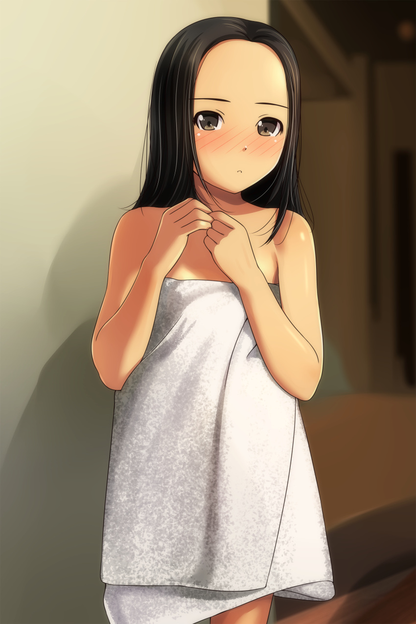 1girl :o absurdres bare_arms bare_shoulders black_hair blurry blurry_background blush brown_eyes collarbone depth_of_field forehead hands_together hands_up highres indoors long_hair looking_at_viewer matsunaga_kouyou naked_towel nose_blush original own_hands_together parted_lips solo towel