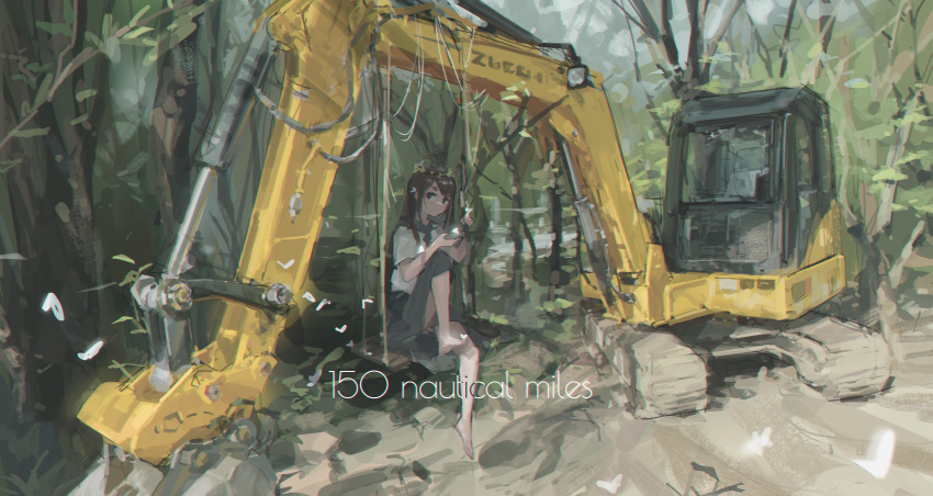 1girl absurdres barefoot black_hair black_sailor_collar black_skirt brown_eyes excavator highres holding huge_filesize long_hair neckerchief original outdoors sailor_collar school_uniform serafuku shirt short_sleeves sitting skirt sky solo swing tree white_shirt zygocactus