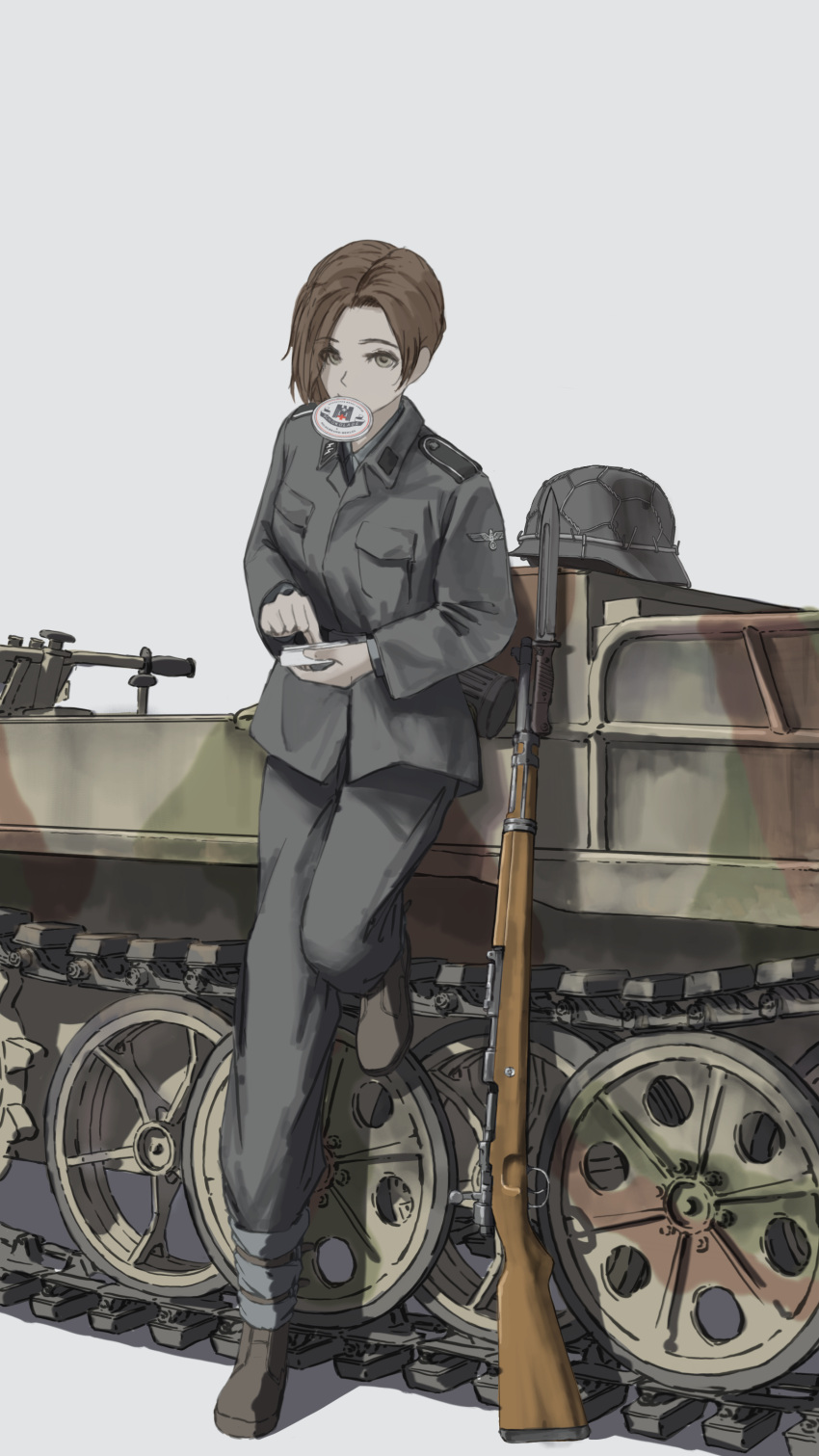 1girl absurdres bangs bayonet brown_eyes brown_footwear brown_hair english_commentary foot_up grey_background ground_vehicle hat headwear_removed helmet highres jacket kettenkrad long_sleeves looking_at_viewer military military_hat military_uniform military_vehicle morisawa-yumi motor_vehicle mouth_hold original pants short_hair simple_background solo standing uniform
