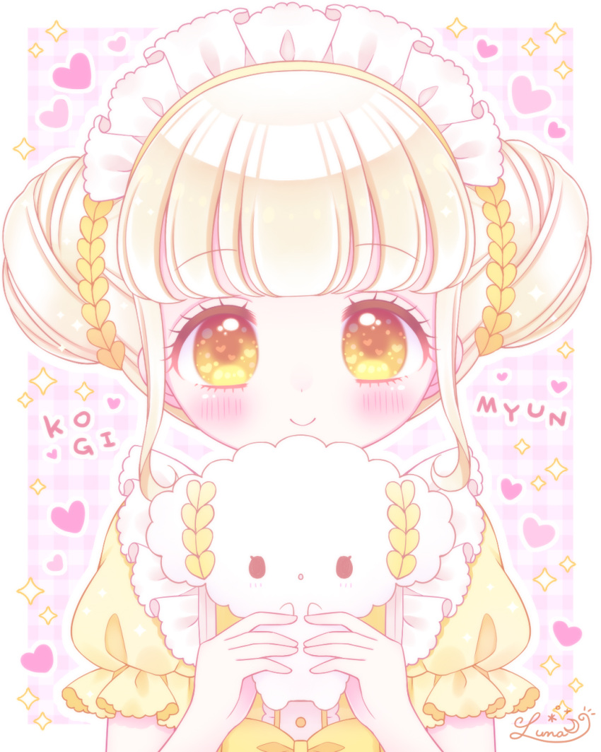 1girl bangs blonde_hair blush character_request closed_mouth commentary_request double_bun eyebrows_visible_through_hair hands_up heart heart_in_eye highres himetsuki_luna holding looking_at_viewer maid_headdress personification plaid plaid_background puffy_short_sleeves puffy_sleeves sanrio shirt short_sleeves sidelocks signature smile sparkle symbol_in_eye upper_body yellow_eyes yellow_shirt