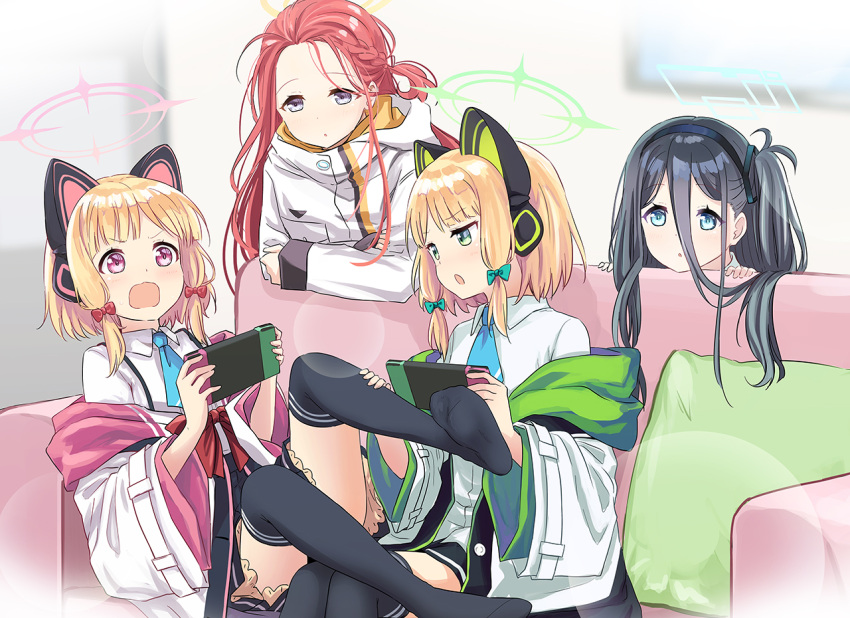 4girls abe_kanari arisu_(blue_archive) blonde_hair blue_archive blue_eyes blurry blurry_background commentary_request couch dark_blue_hair green_eyes hair_between_eyes hair_ribbon halo headband long_hair midori_(blue_archive) momoi_(blue_archive) multiple_girls open_mouth red_eyes redhead ribbon short_hair sidelocks sitting twintails wall yuzu_(blue_archive)