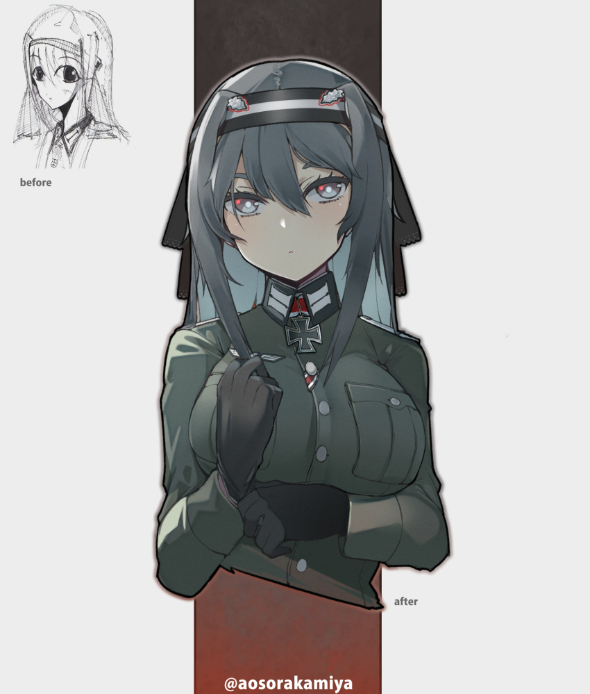 1girl adjusting_clothes adjusting_gloves aosora_kamiya bangs black_gloves blue_eyes blush breasts closed_mouth commentary_request cropped_torso eyebrows_visible_through_hair gloves grey_eyes hair_between_eyes hairband heart heart-shaped_pupils highres iron_cross jacket large_breasts long_hair long_sleeves looking_at_viewer military military_uniform original simple_background sketch symbol-shaped_pupils twitter_username uniform upper_body white_background