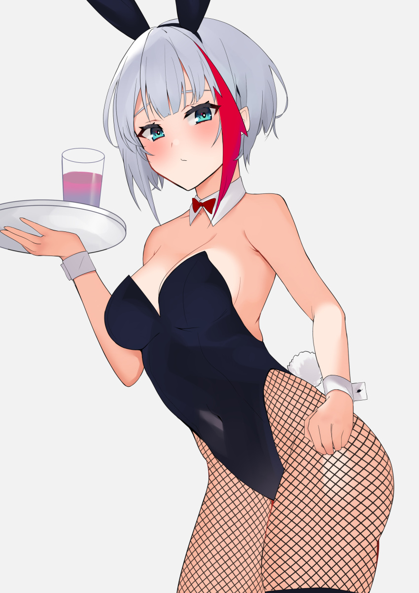 1girl absurdres admiral_graf_spee_(azur_lane) animal_ears azur_lane bare_arms bare_shoulders black_leotard blue_eyes bow bowtie breasts bunny_tail closed_mouth contrapposto covered_navel cowboy_shot cup detached_collar drinking_glass fake_animal_ears fishnet_legwear fishnets hairband highres holding leaning_forward leotard looking_at_viewer medium_breasts multicolored_hair no_bra pantyhose playboy_bunny rabbit_ears short_hair silver_hair simple_background solo standing strapless strapless_leotard streaked_hair tail thighs tray white_background wrist_cuffs xochi_(nueeen6978)