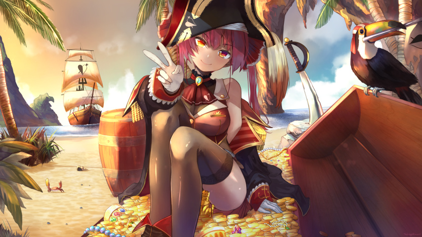 1girl absurdres barrel beach bird black_legwear boots breasts coat coin commentary crab cutlass_(sword) english_commentary gloves goblet gold gold_coin hat head_tilt heterochromia highres hololive houshou_marine island jewelry looking_at_viewer making-of_available neckerchief necklace off_shoulder outdoors palm_tree pearl_necklace pirate_hat pirate_ship redhead ship sitting smile solo sunset takuyarawr thigh-highs toucan treasure treasure_chest tree v virtual_youtuber watercraft white_gloves