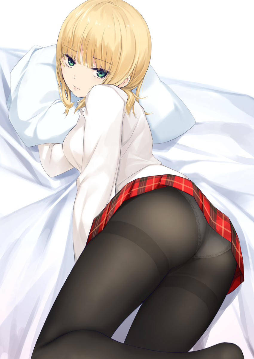 1girl ass bangs bed bed_sheet black_legwear blonde_hair breasts coffee-kizoku eyebrows_visible_through_hair green_eyes highres long_sleeves looking_at_viewer looking_back lying medium_breasts on_bed on_side original panties panties_under_pantyhose pantyhose pantyshot pillow plaid plaid_skirt pleated_skirt red_skirt shirt short_hair simple_background skirt solo underwear upskirt white_background white_shirt